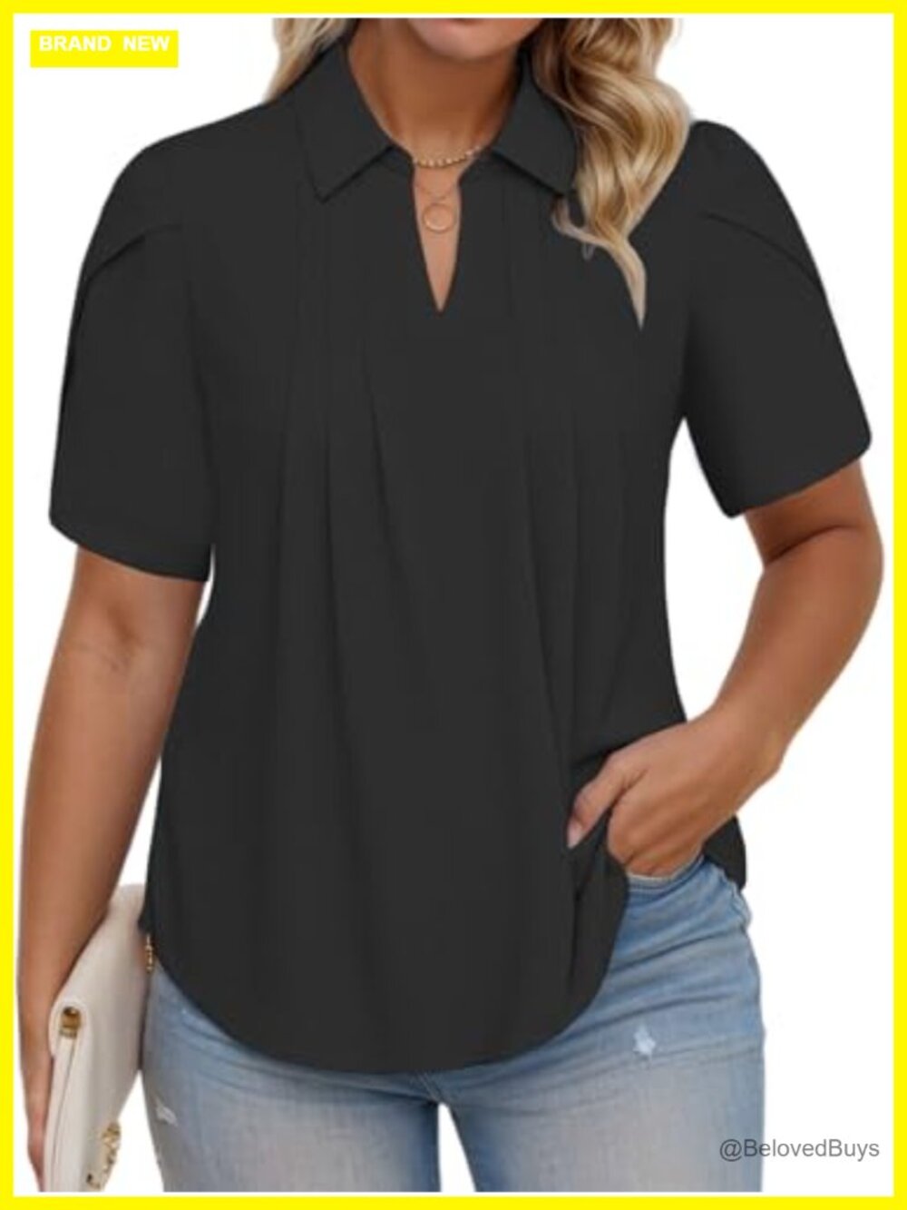 Womens Plus Size Polo Tunic Top Petal Sleeve Pleated V Neck T Shirt